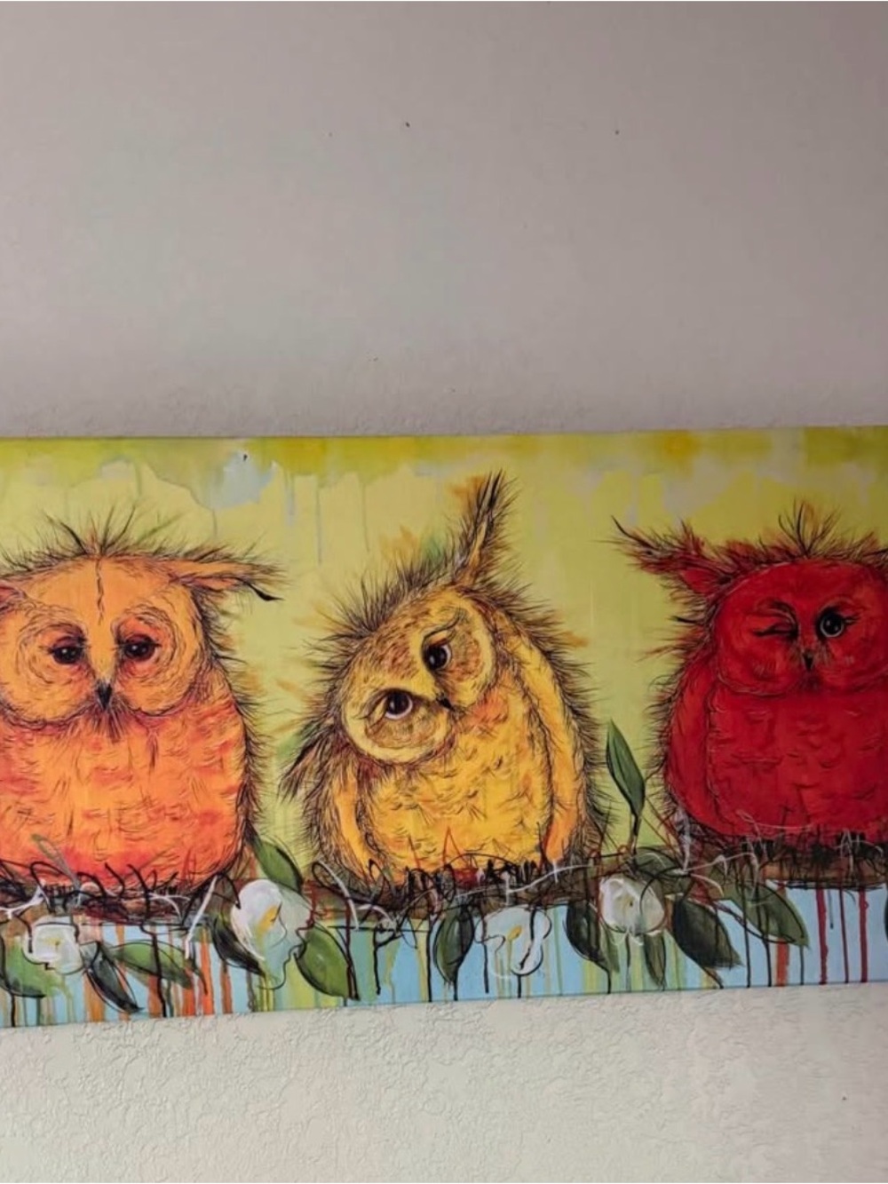 Yellow and Red Owl Trio Wall Art Canvas